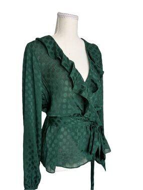 Max Studio Emerald Green Polka Dot Ruffle Wrap Blouse